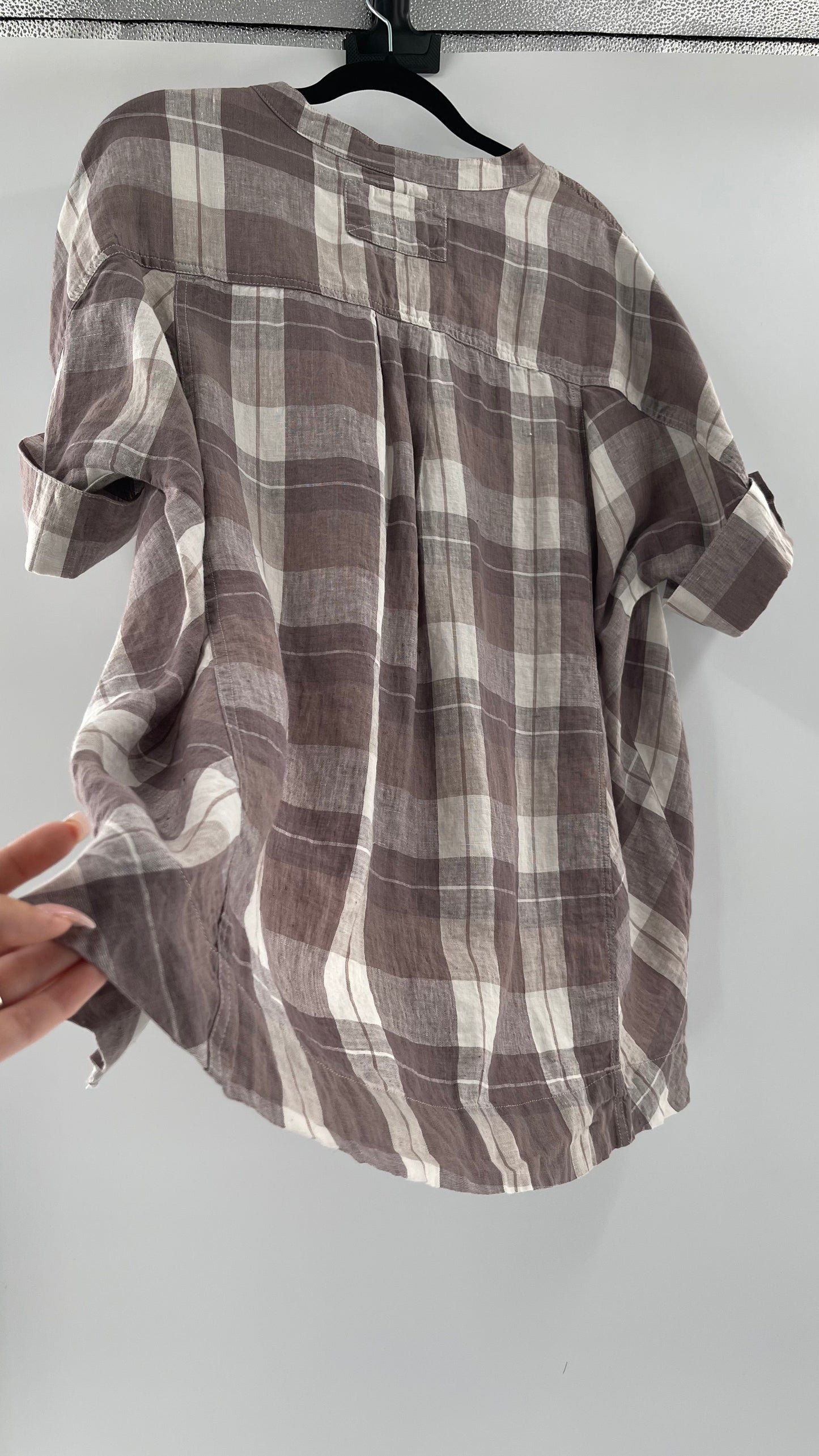 Free People 100% Linen Plaid Grey Short Sleeve (Small)