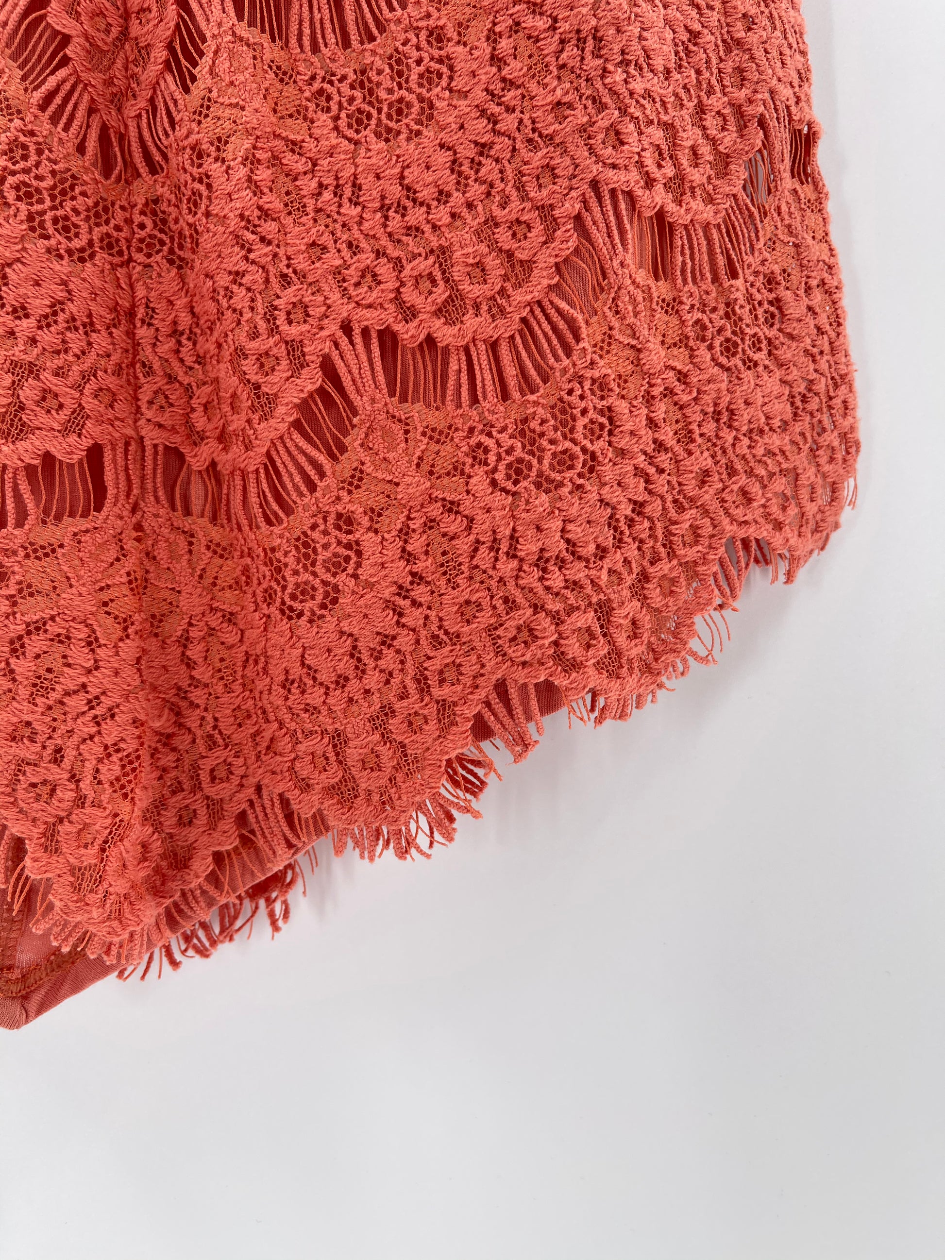 Free People Bodycon Coral Lace Mini Dress (XS) The Thrifty Hippy Free People Bodycon Coral Lace Mini Dress (XS) The Thrifty Hippy
