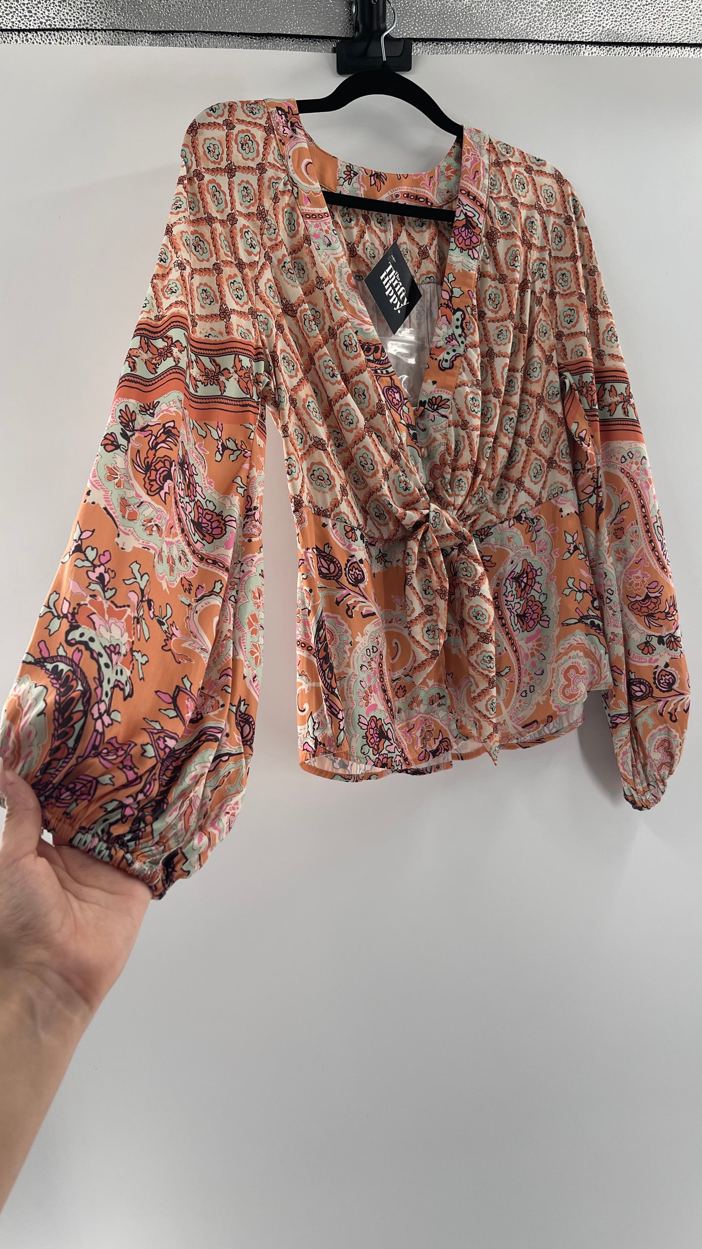 Free People Silky Orange Paisley Tie Front Blouse (XS)