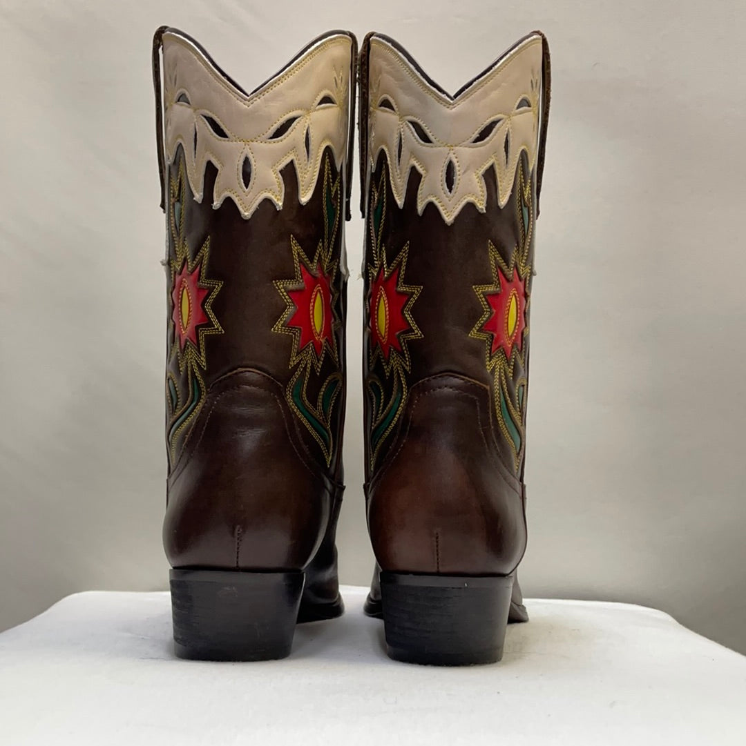 Vintage Brown Leather Cowgirl Boots Beige Trim with Red Flowers