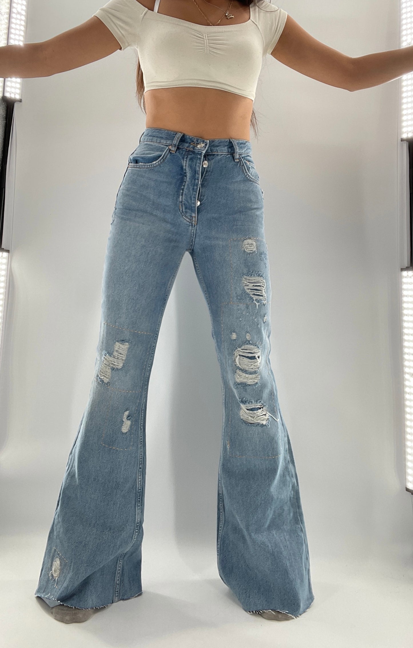 Free People Light Wash Jeans with Embroidery, Stitching, and Distressing (26)
