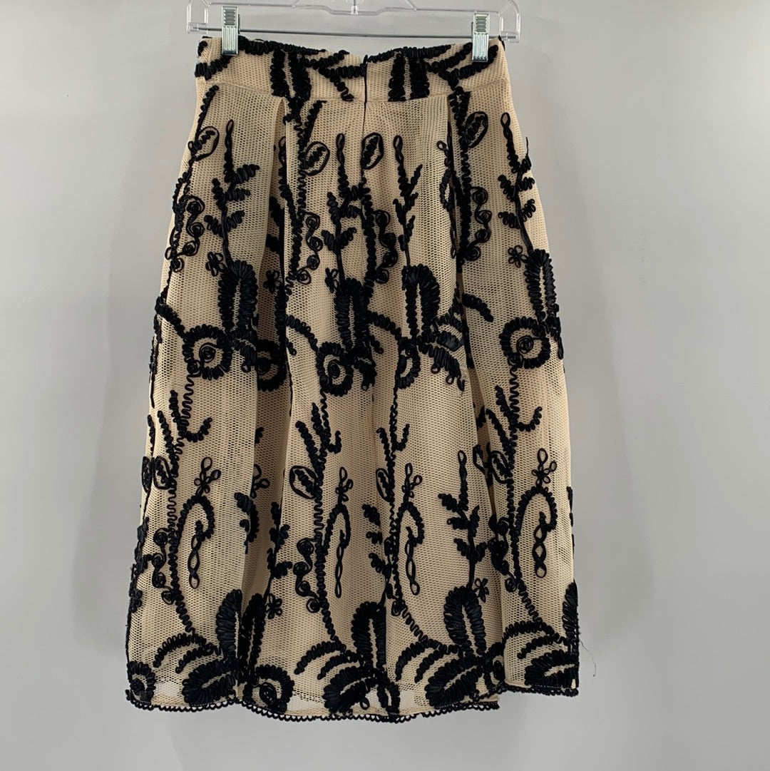 Anthropologie Beige Mesh with Embroidered Black Ribbon Pleated Skirt(Size XS)