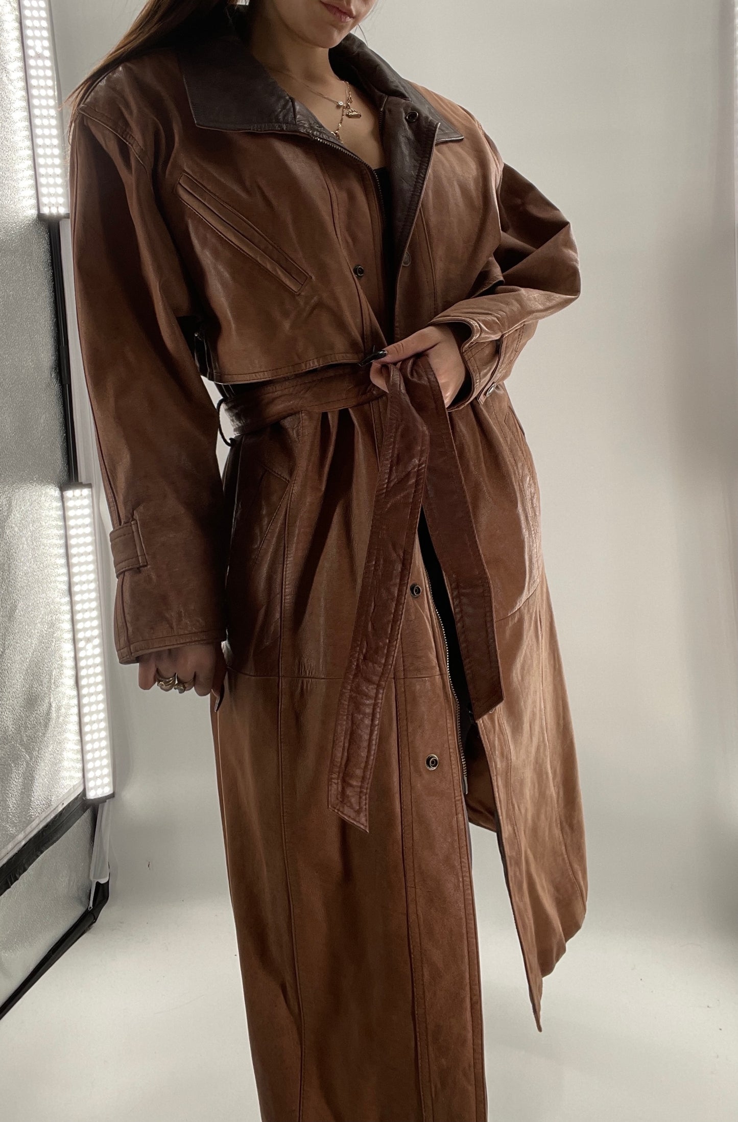 Adventure Bound By Wilsons Vintage Leather Trench Coat with Belt and Front Zipper and Removable Lining - Size M