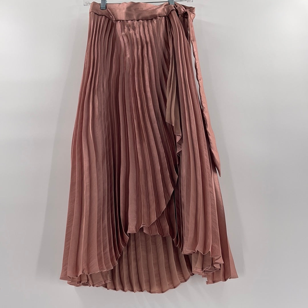Anthropologie Long Rose Gold Satin Pleated Skirt (Size 12)