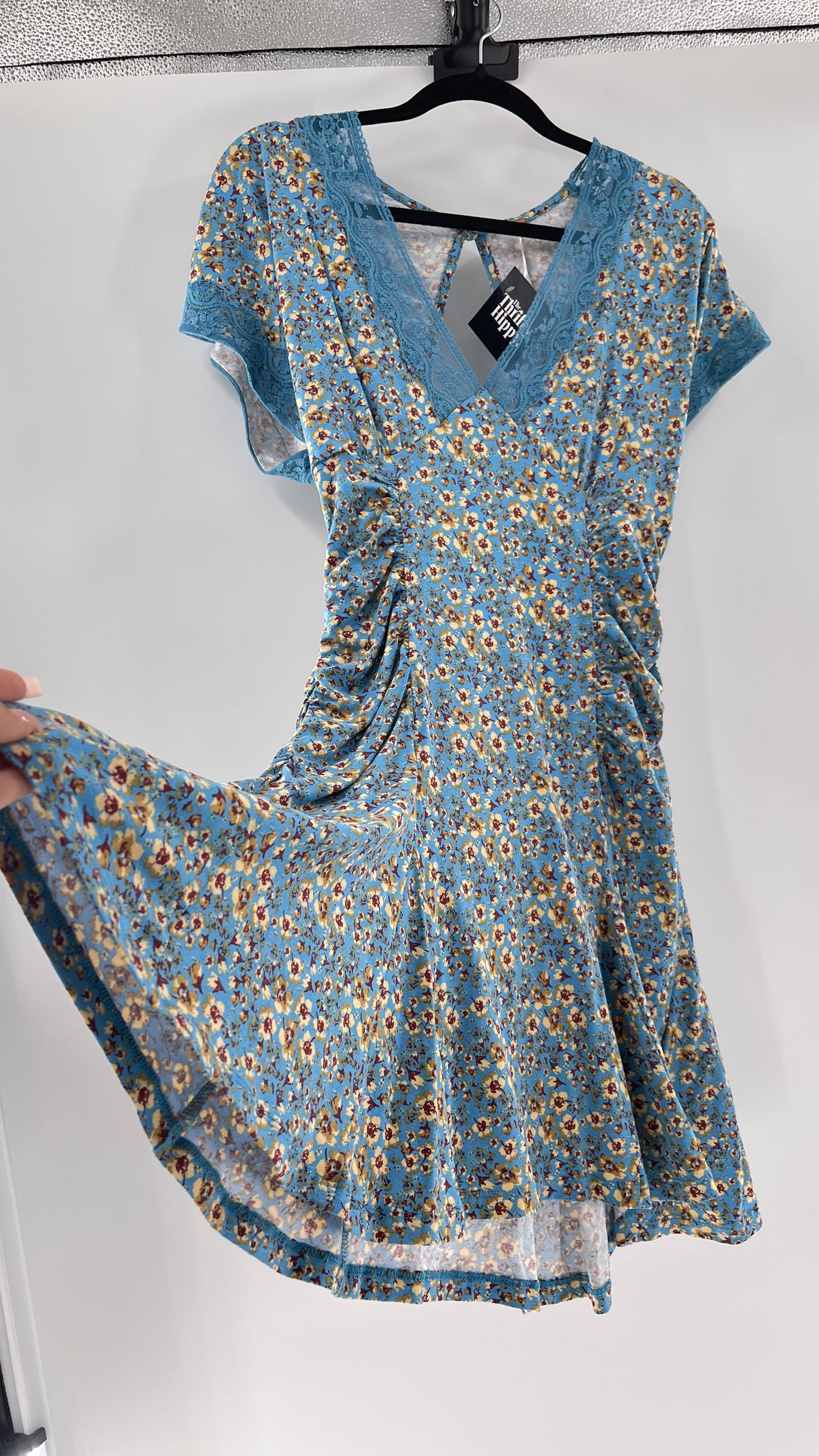 Free People Sweet Talker Blue Floral Ruched Mini Dress (Medium)