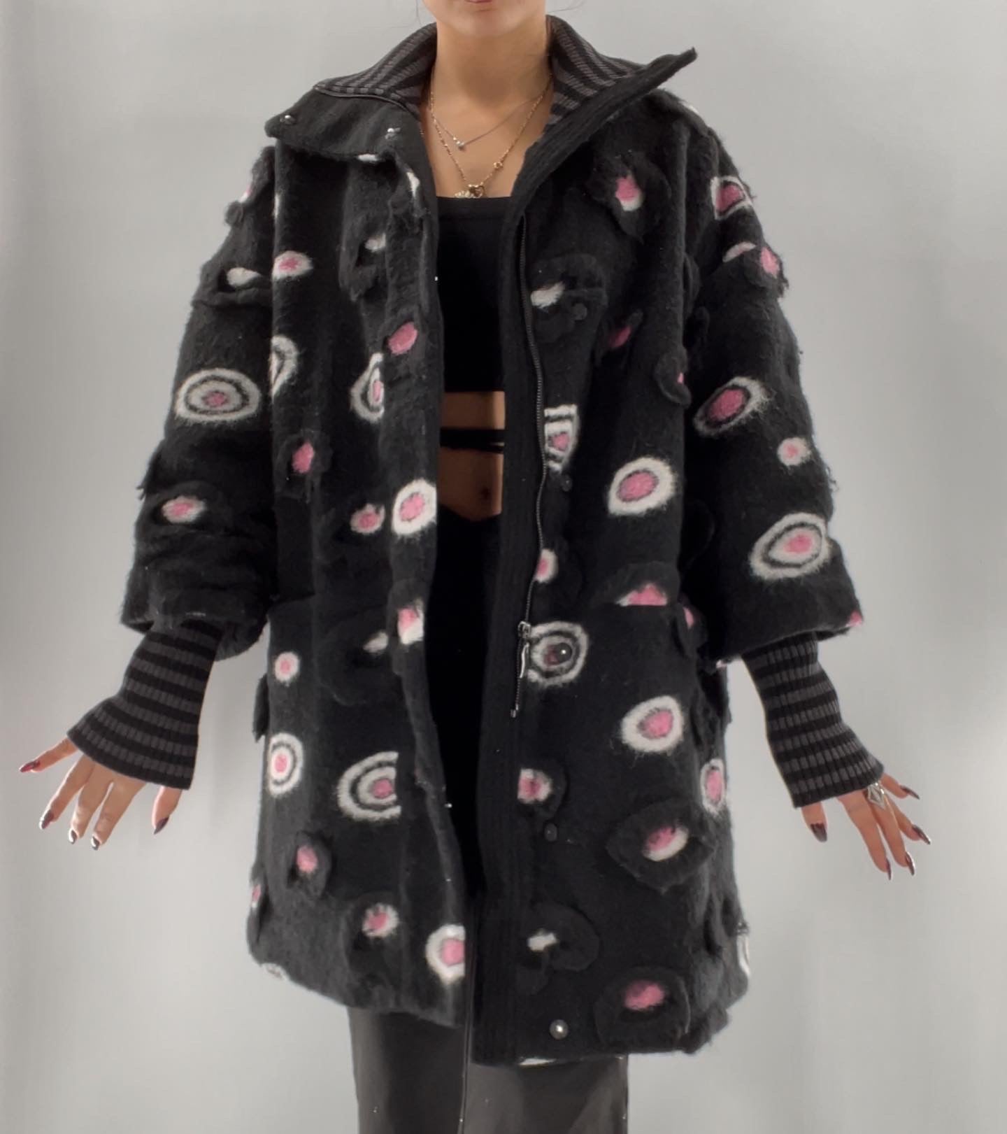 Rara Arvis Black + Pink Textured Circle Pattern Coat