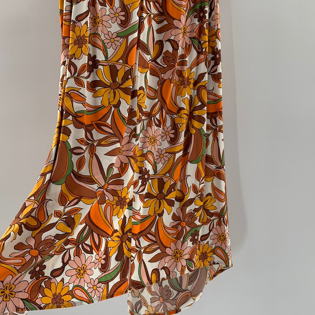 Brown / Orange Flower Cinched Side Split Skirt (Size 18)