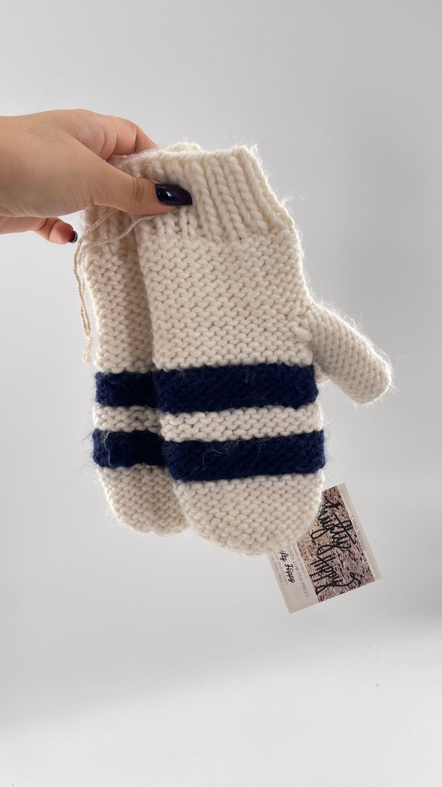 Anthropologie White/Navy Knit Mittens