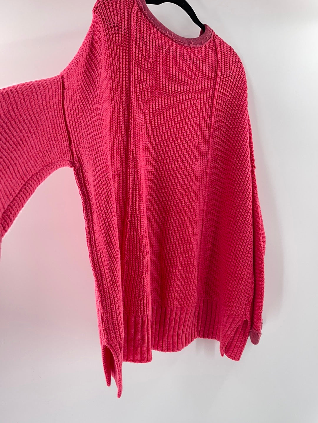 Free People Bright Pink Oversized Sweater V Neck Size Medium Large The Thrifty Hippy