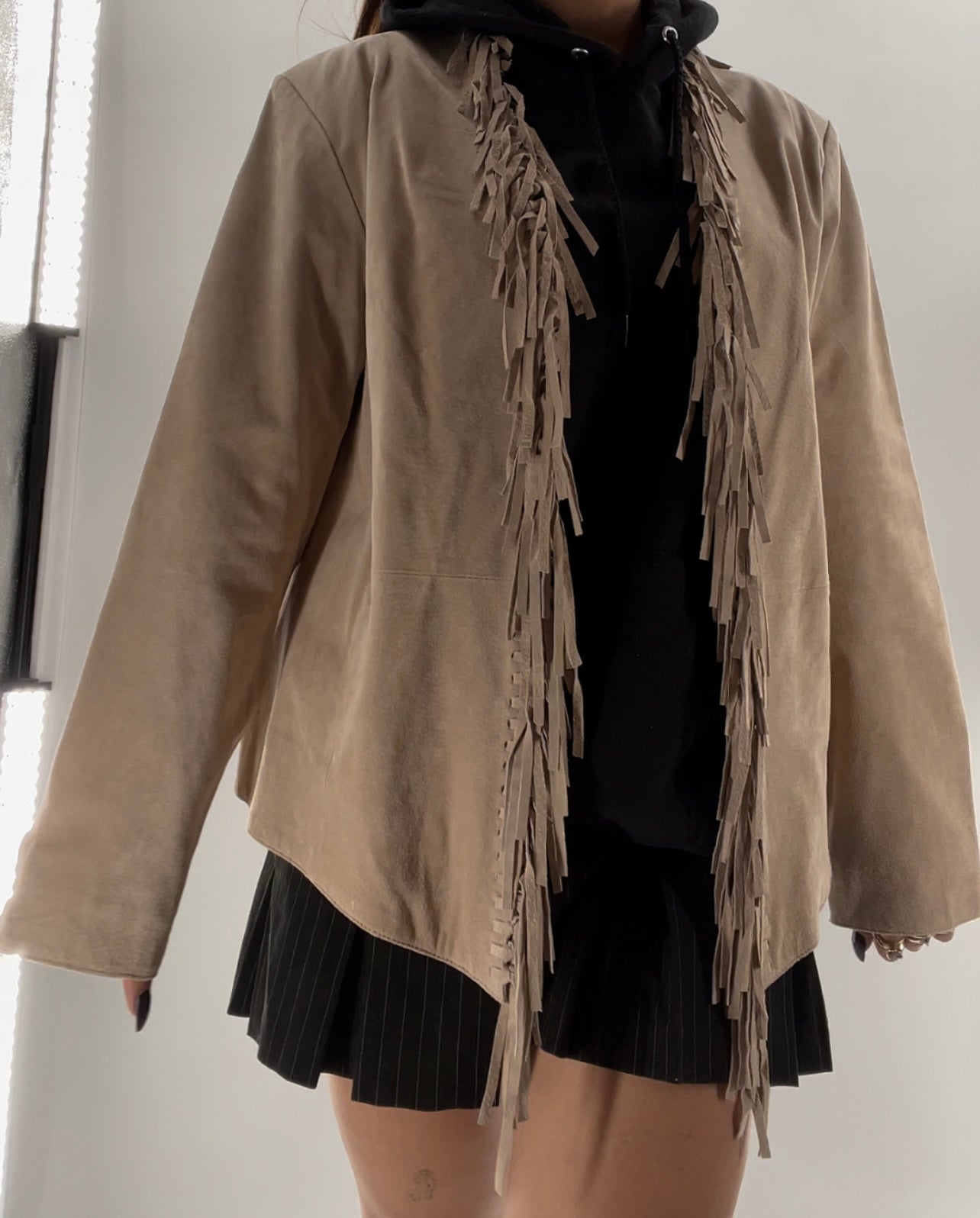 DIALOGUE Vintage Beige Suede Fringe Jacket (Large)