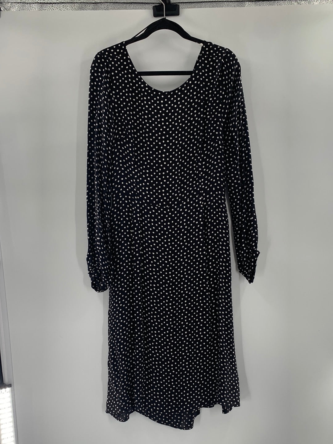 Anthropologie Black Satin With White Polka Dots Long Sleeve Back Open Maxi Dress (Size 12)