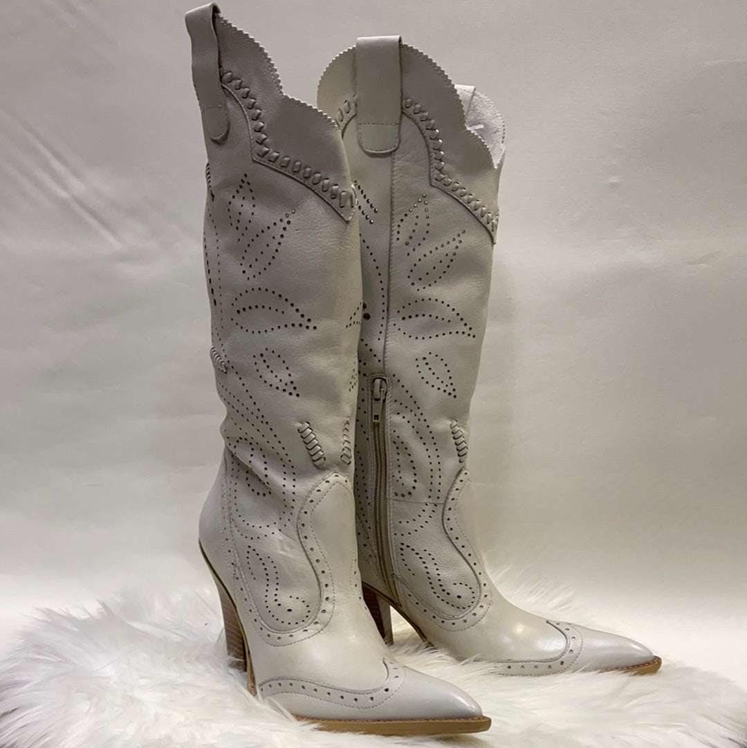 BCBG Laser Cut White Leather Boots