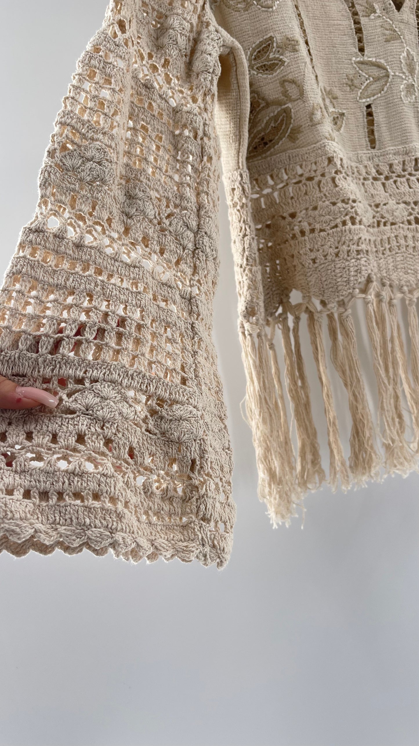 Zara Beige Gauze, Crochet, Embroidered Tunic Blouse (Large)