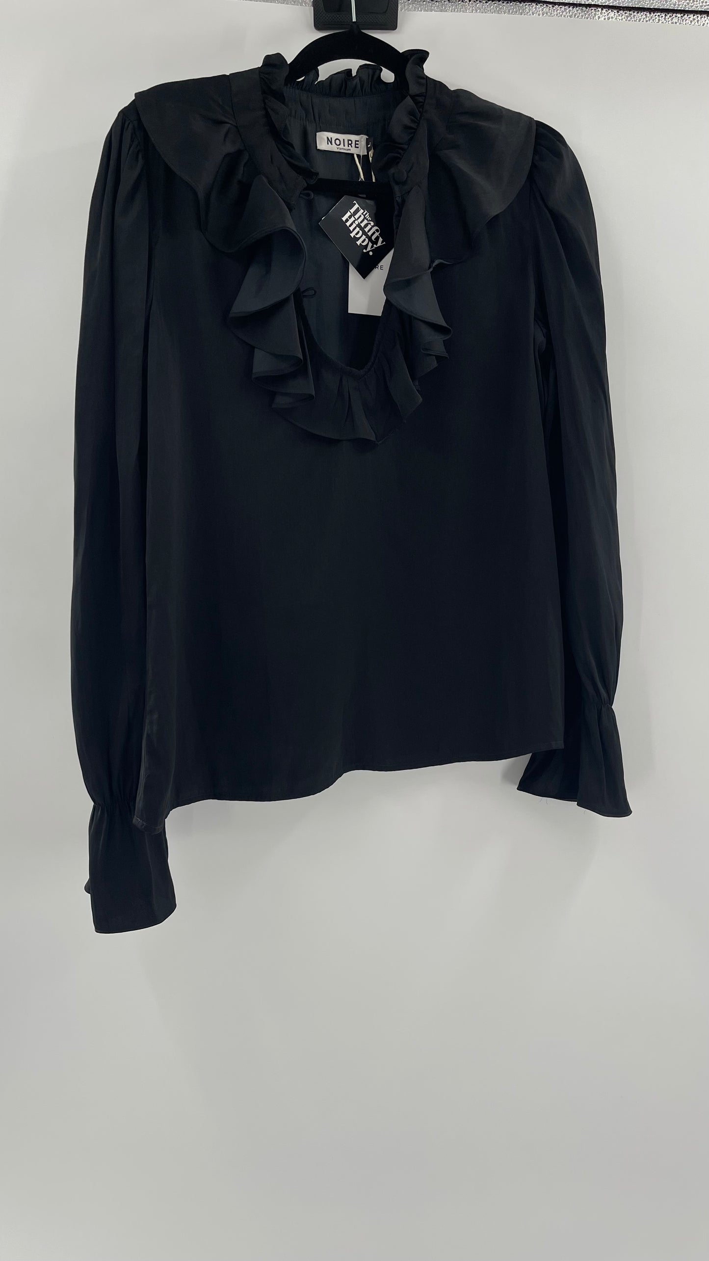 NOIRE Black Satin Ruffled Neckline Blouse (Large)