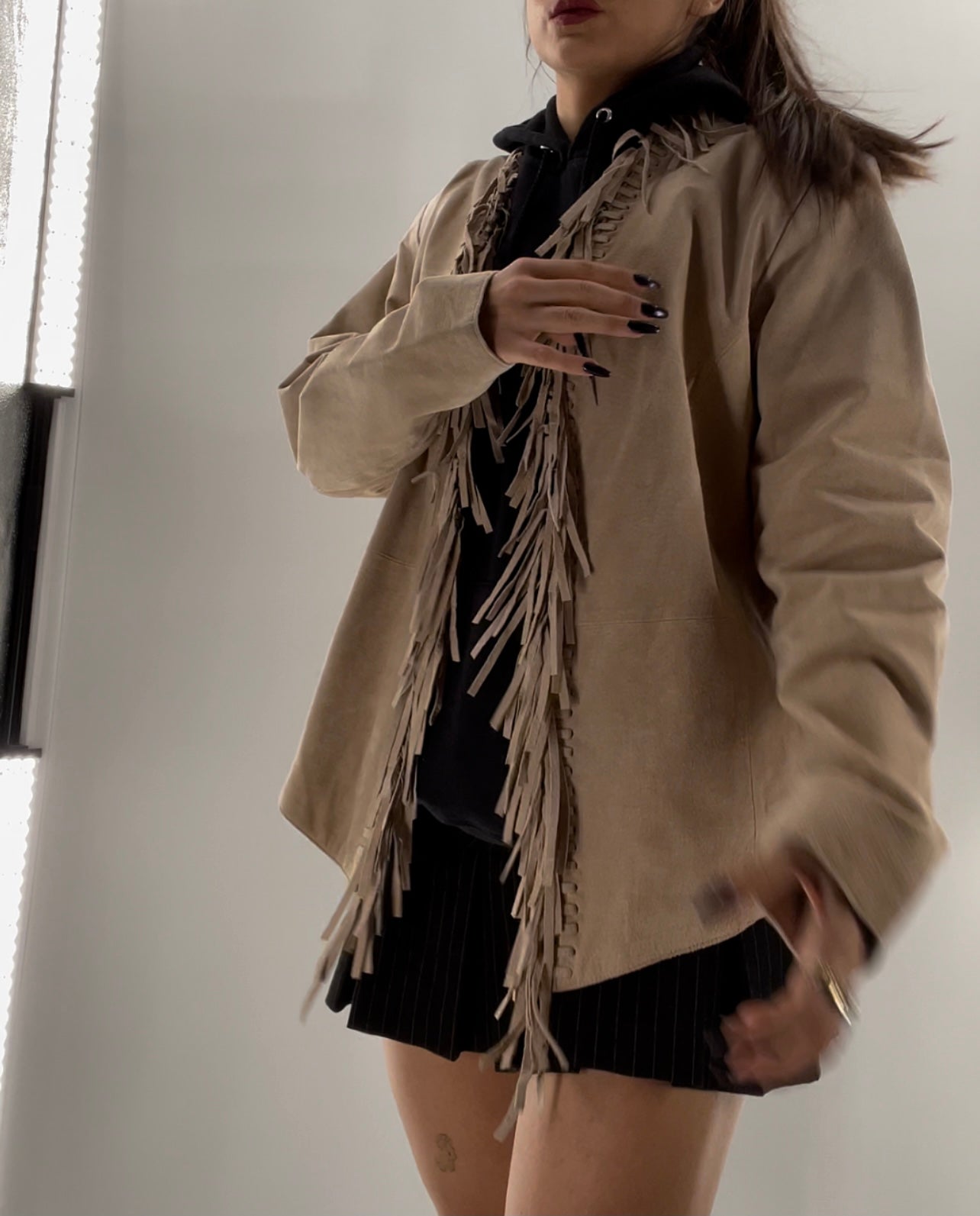 DIALOGUE Vintage Beige Suede Fringe Jacket (Large)