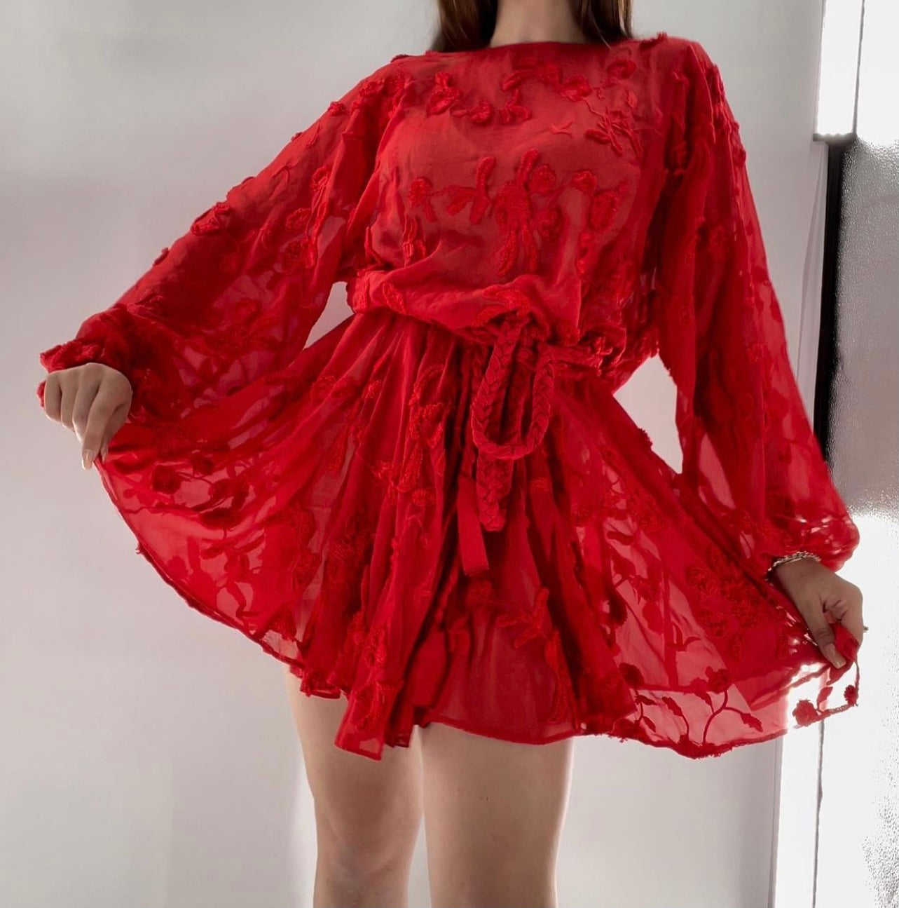 Mare Mare - Red Mesh Embroidered Flower Mini Dress