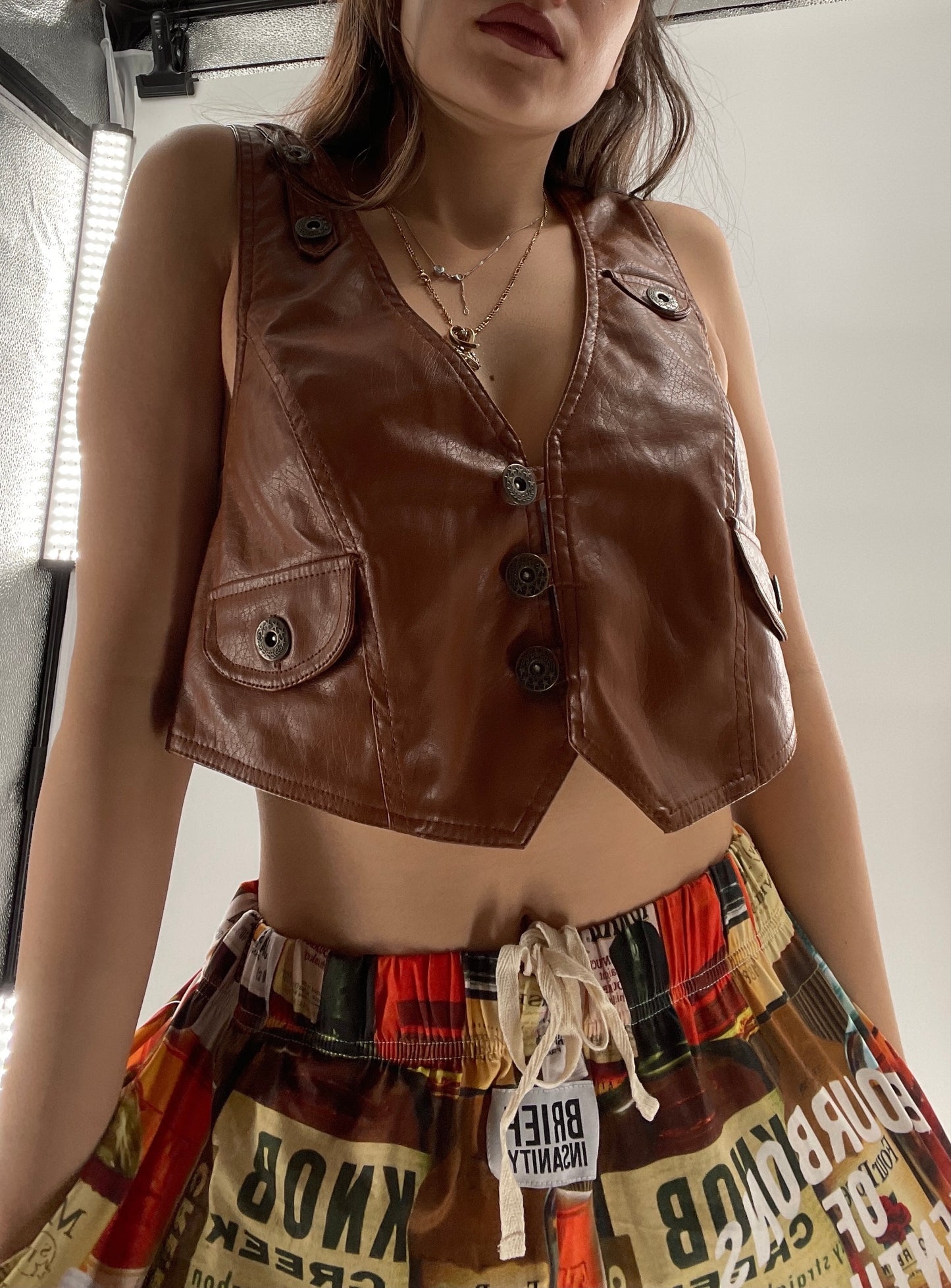 Vintage Papertee Brown Faux Leather Crop Vest (XL)