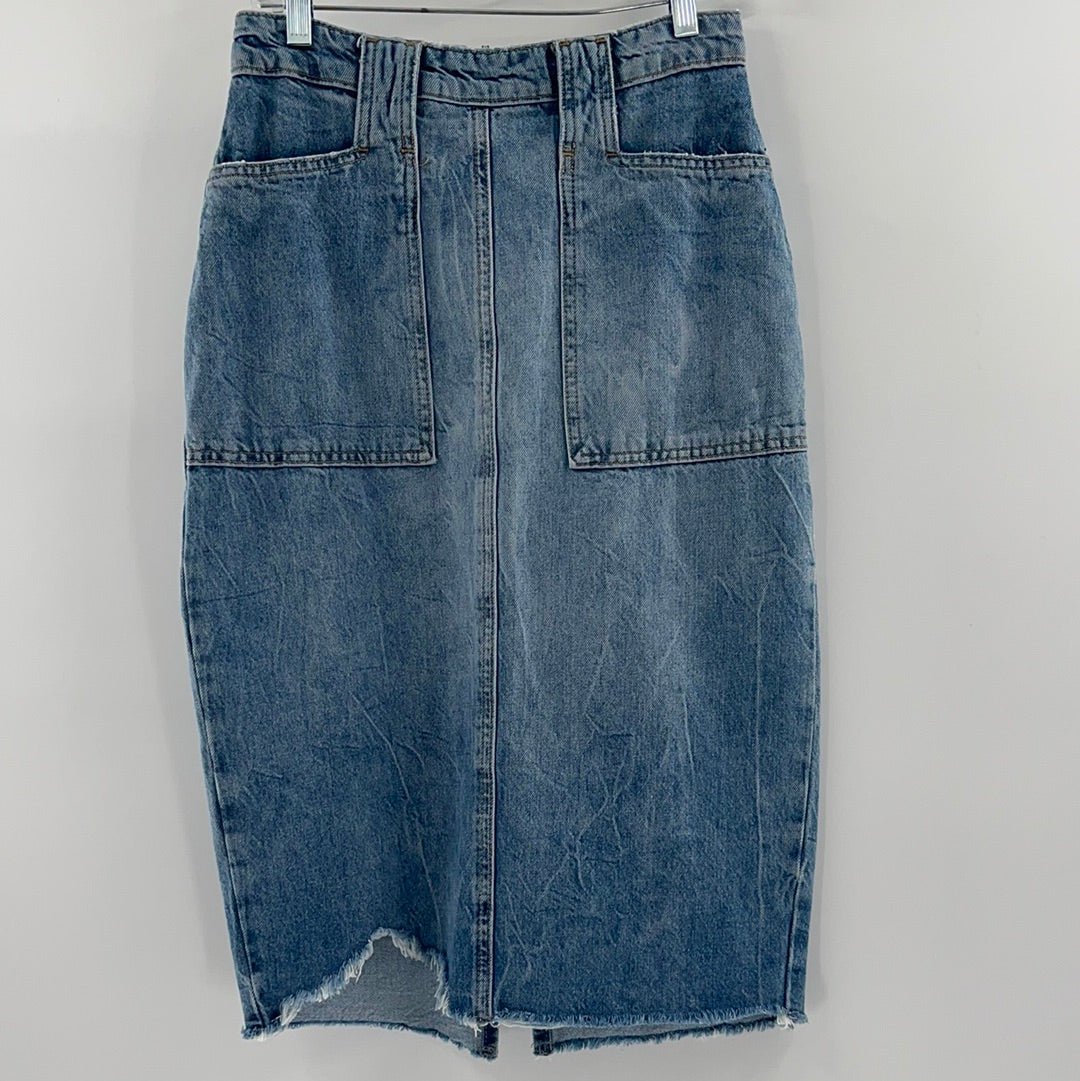 Free People Denim Vented Zip Up High Waisted Skirt (Size 2)