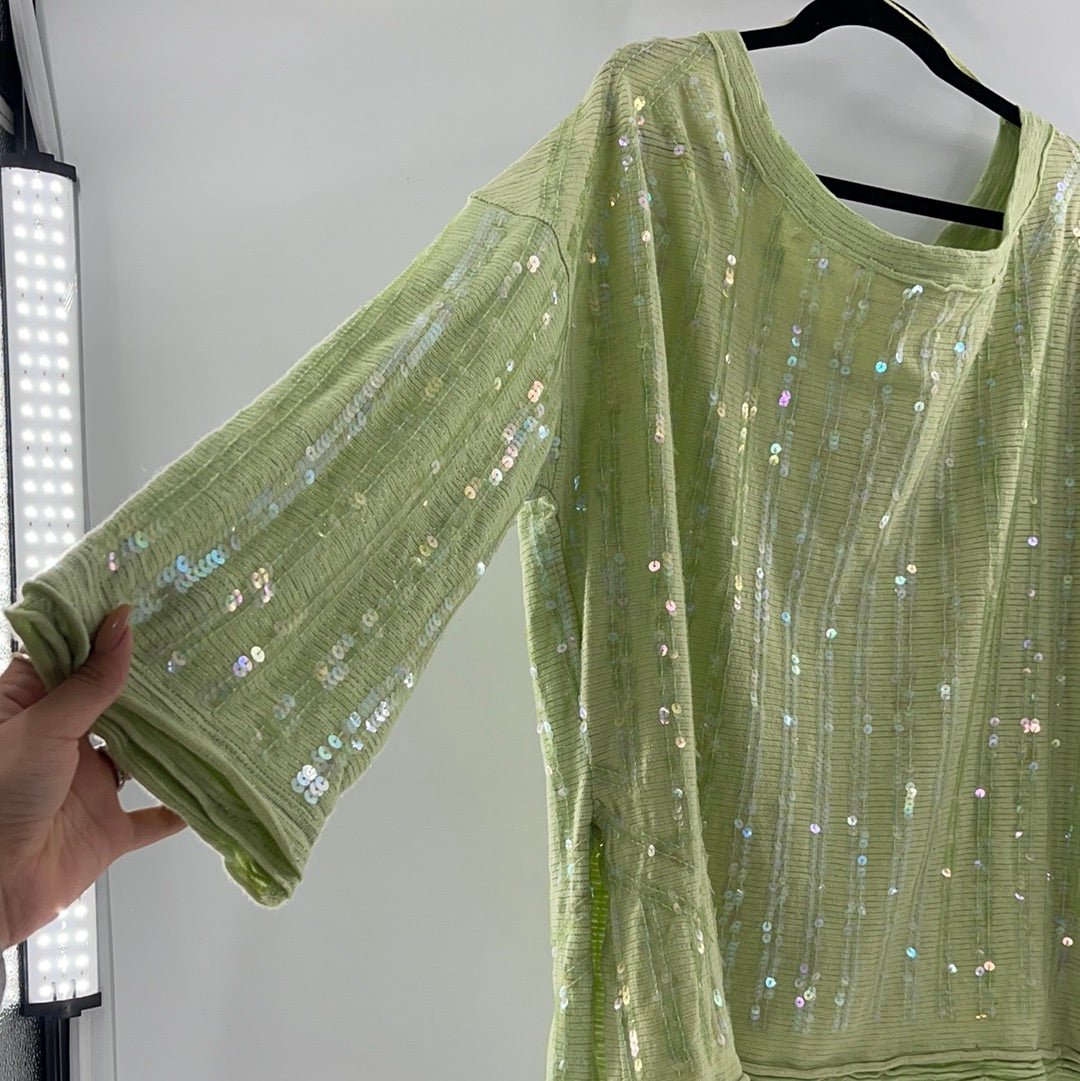 Free People Lime Green with Iridescent Sequin High Low Sweater (Size Small)