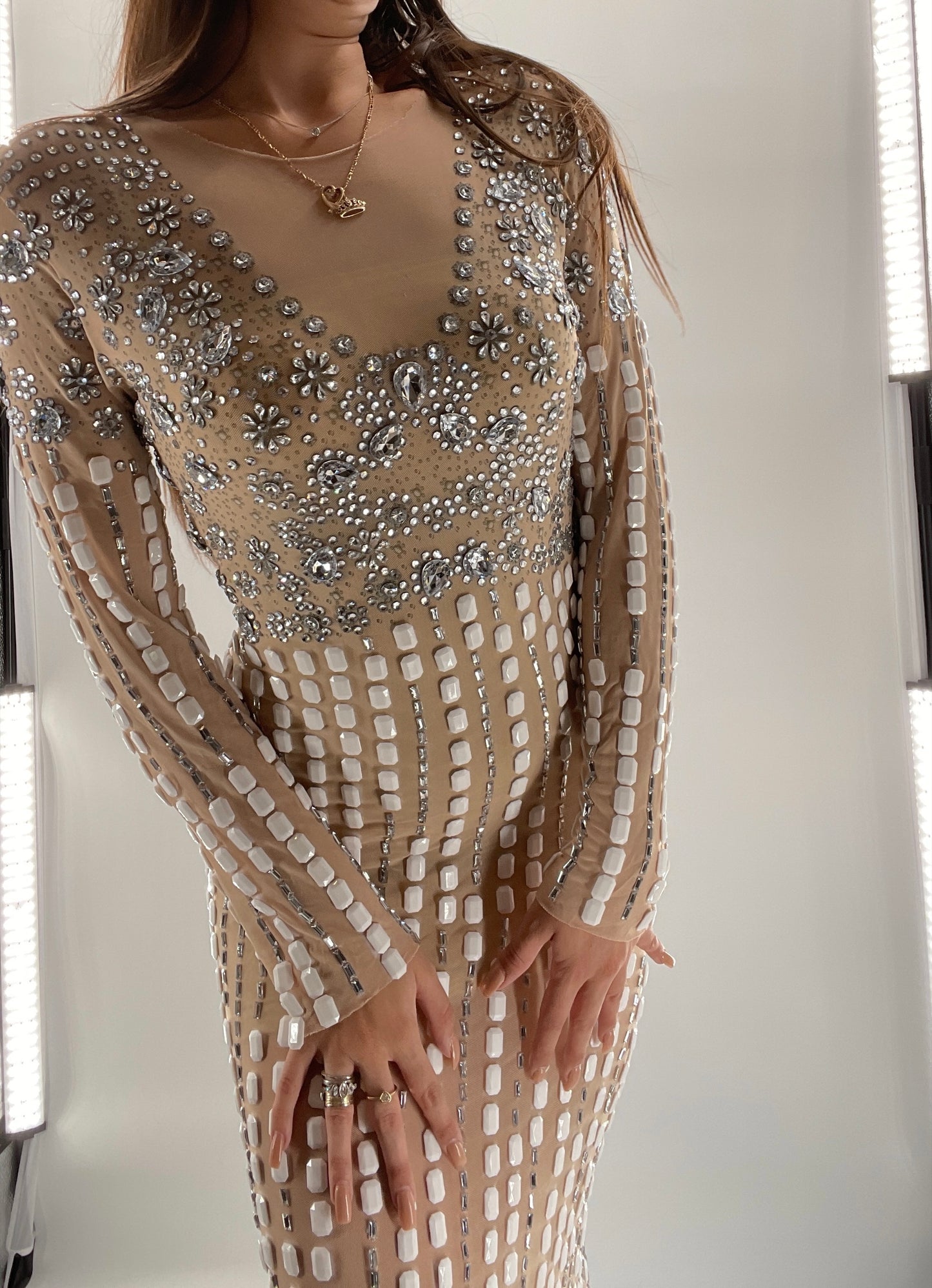 Modified Floor Length Gown Nude Underlay with Crystals and White Jewels (Medium)