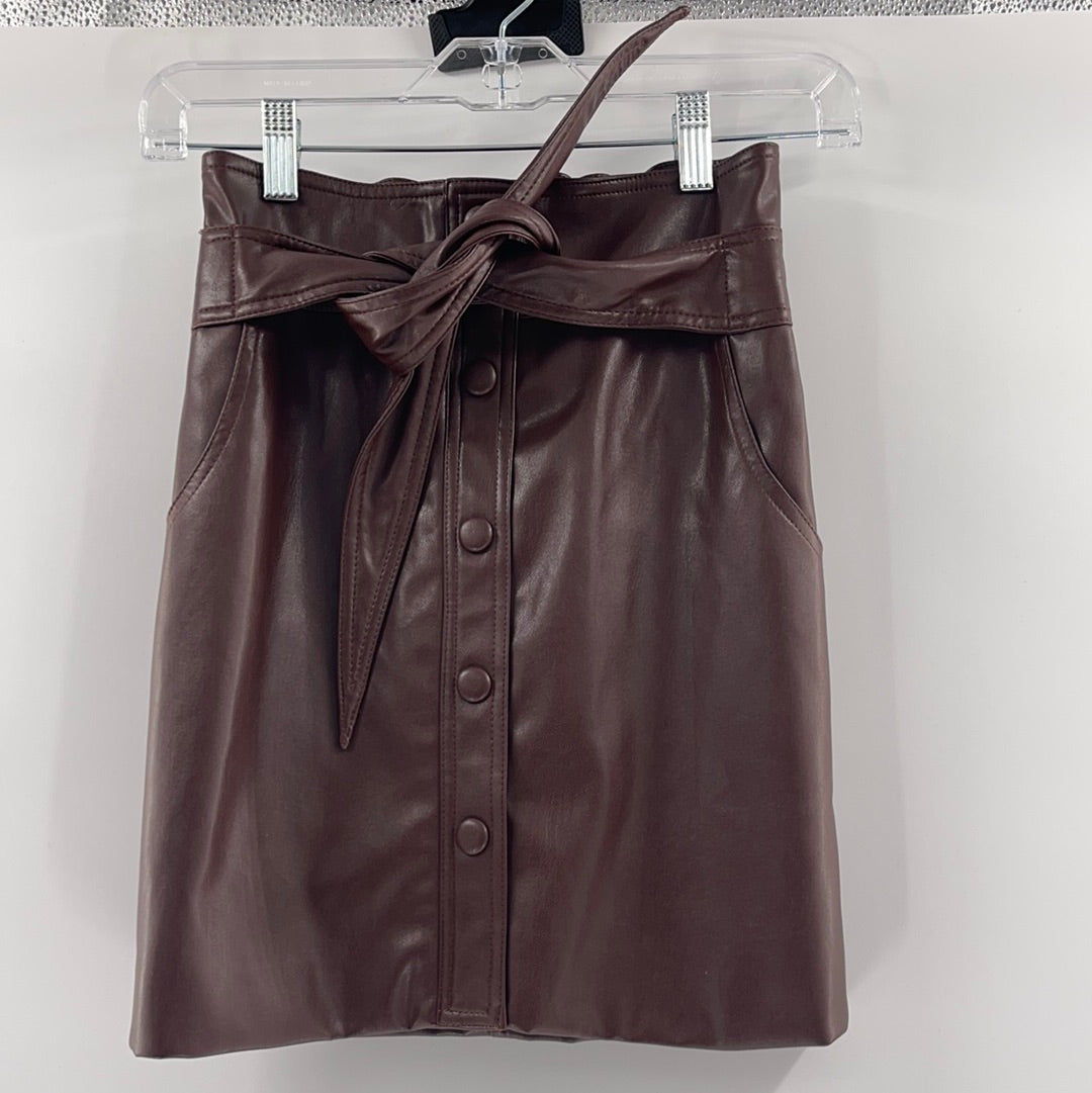 Urban Outfitters Brown Vegan Leather Mini Skirt with Elastic Waist, Belt and Front Buttons (Size XS)