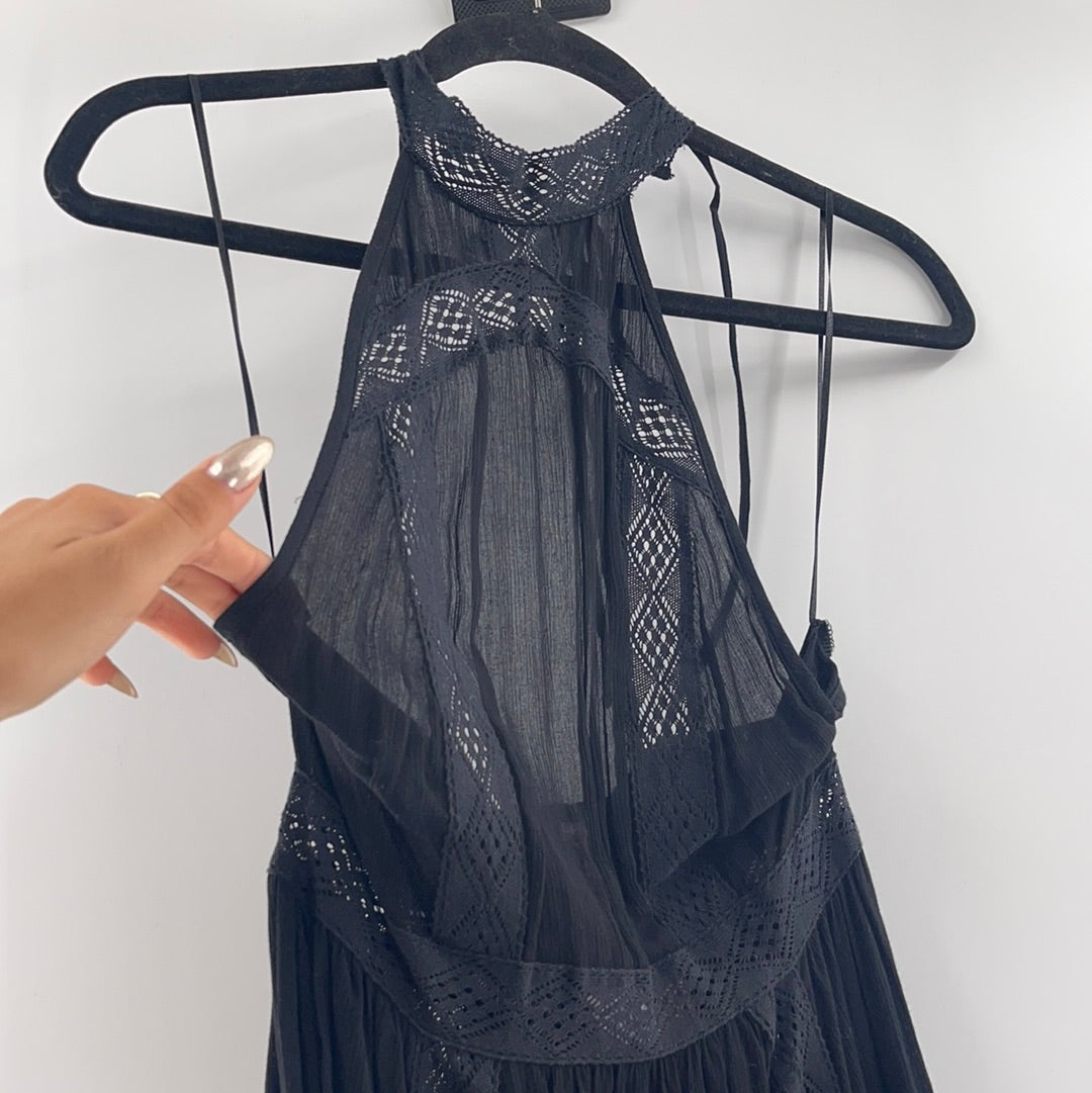 Free People Intimately Mini Black Dress Backless Halter with Lace Details (Size S)